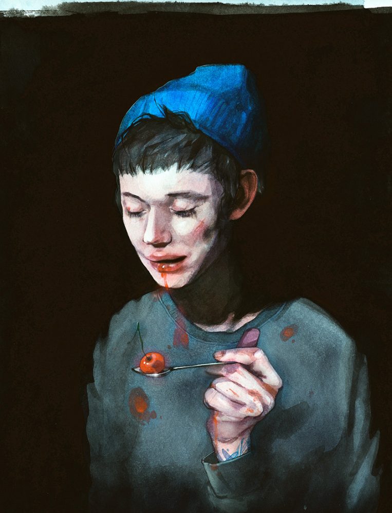 Self-portrait with a cherry